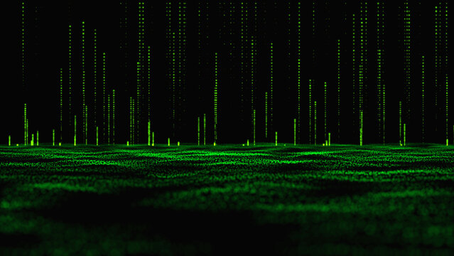 Green digital binary code matrix stream falling on dark background with matrix rain data stream computer code
