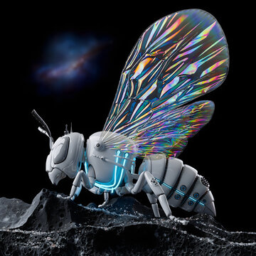Futuristic robotic bee, an advanced insectoid drone with iridescent, holographic wings, glowing blue neon accents, and a sleek white metallic body, standing on a dark, textured lunar surface
