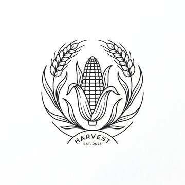 Harvest festival emblem with hand drawn line art corn and wheat stalk details.