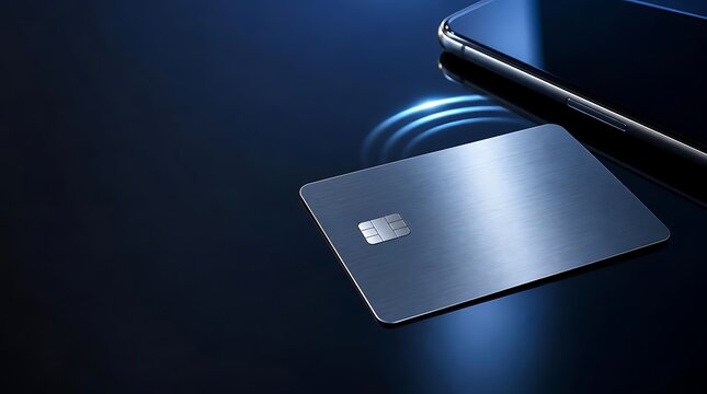 A close-up of a premium metal debit card featuring an EMV chip and glowing blue connection ripples, positioned next to a mobile device