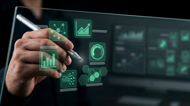 Hand touching glass screen using smart stylus for Data processing in digital office environment presenting professional analyst concept photo in close up view