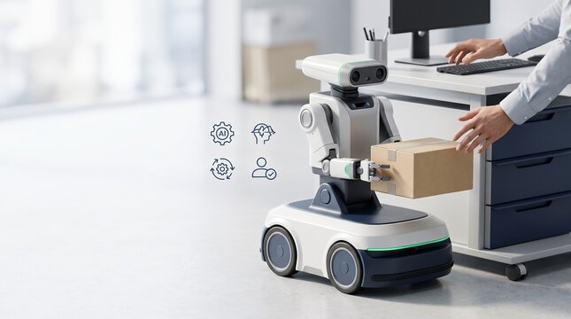 Autonomous delivery robot handing cardboard package to worker at modern office desk