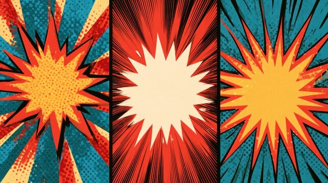Comic book explosion panels with retro pop art style and transparent background