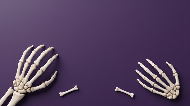 Spooky Halloween background featuring realistic artificial human skeleton hands and scattered bones arranged neatly on a dark purple surface with ample empty copy space for seasonal party in