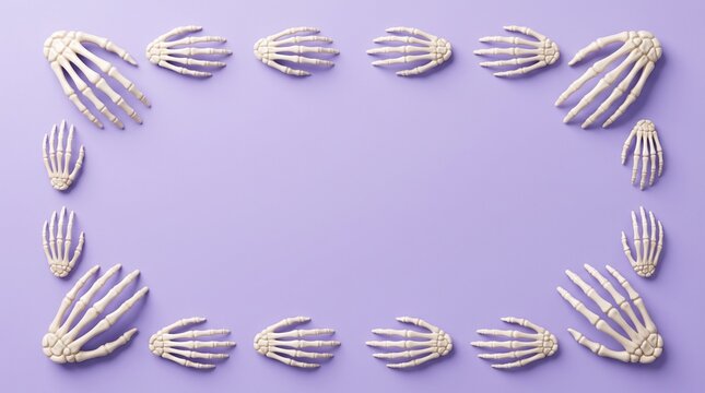 Flat lay Halloween background featuring artificial human skeleton hands arranged in a rectangular border framing a solid light purple surface with generous empty copy space in the center