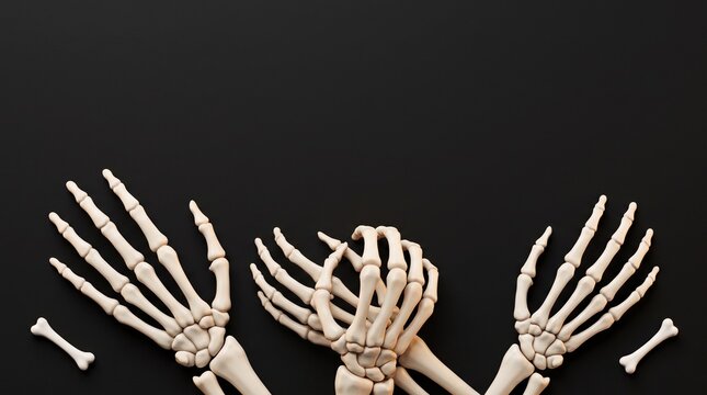 Flat lay Halloween background with multiple artificial human skeleton hands and scattered bones arranged along the bottom border against a solid dark surface with generous copy space above