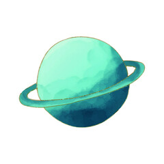 Watercolor illustration of a stylized teal and blue planet with rings, artistic celestial body for space design isolated on white background, hand painted galaxy element for astronomy art. © Bolangmania