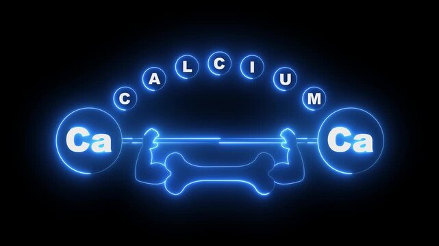 glowing neon calcium symbol and bone health icon isolated on black background. representing High Calcium placard, poster, banner. realistic bone with strong arms. 4k video animation.