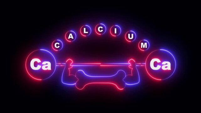 glowing neon calcium symbol and bone health icon isolated on black background. representing High Calcium placard, poster, banner. realistic bone with strong arms. 4k video animation.