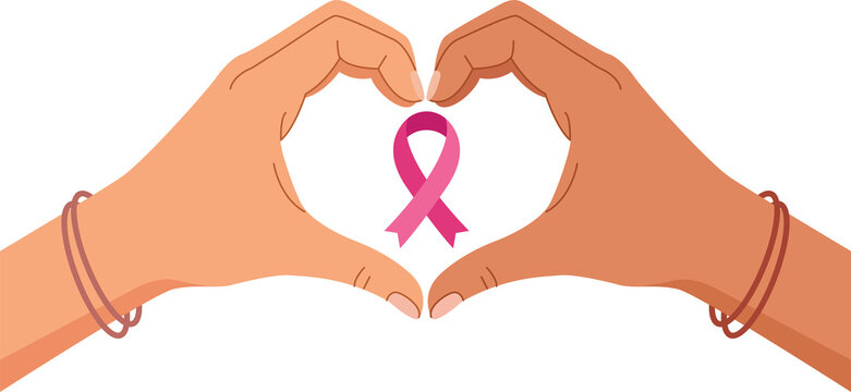Hands Making Heart Shape with Pink Ribbon Vector Flat Illustration Breast Cancer Awareness Love and Support   