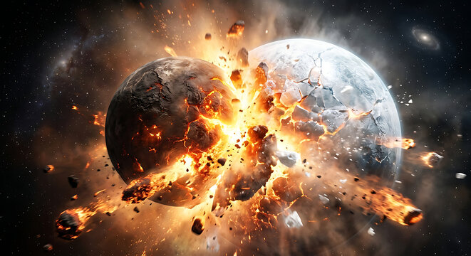 Two planets colliding in deep space with massive explosion and debris