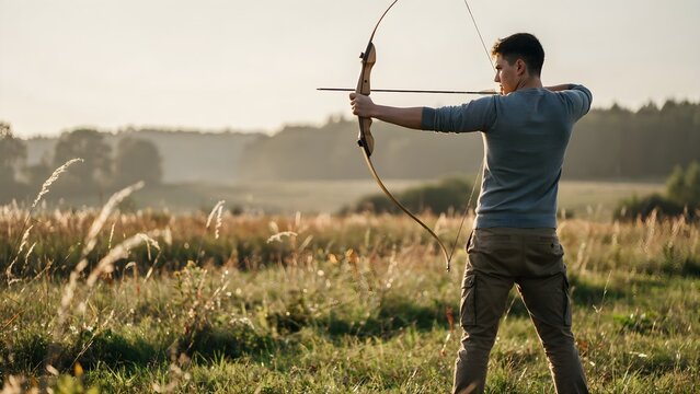 Arquero apuntando con su arco y flecha en un campo abierto al atardecer con luz natural