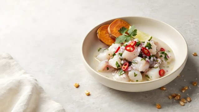 Plato de ceviche peruano tradicional con pescado fresco, cebolla roja, aj&iacute; y camote servido en un taz&oacute;n sobre fondo claro