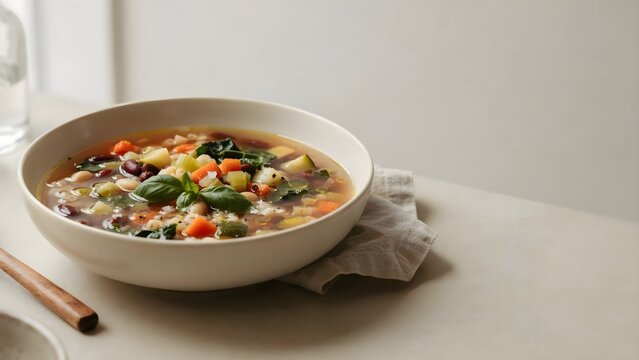 Taz&oacute;n de sopa de verduras casera y saludable con zanahorias, patatas y jud&iacute;as servido sobre fondo claro