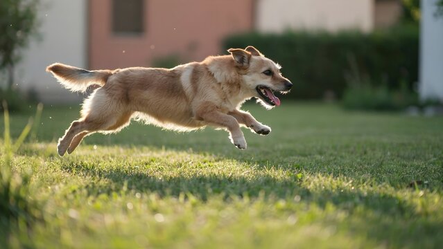 Perro feliz corriendo y saltando en&eacute;rgicamente sobre el c&eacute;sped verde de un jard&iacute;n durante un d&iacute;a soleado