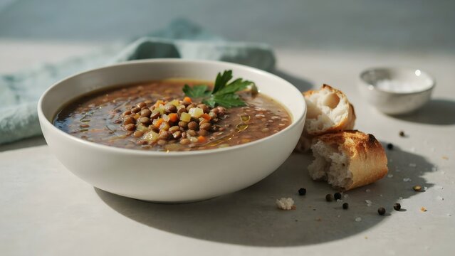 Taz&oacute;n de deliciosa y caliente sopa de lentejas casera con verduras, perejil y pan crujiente en una mesa luminosa