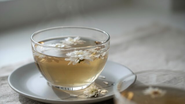 Taza de cristal con infusi&oacute;n de flores de manzanilla o crisantemo caliente sobre un platillo en un ambiente relajante