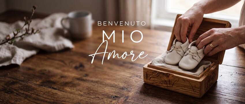 Baby shoes wooden keepsake box pregnancy announcement with hands placing tiny white leather booties on rustic wood table background, Benvenuto Mio Amore Italian baby welcome concept banner copy space