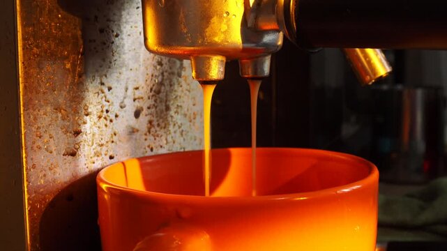 The coffee maker brews coffee and pours it into a mug.