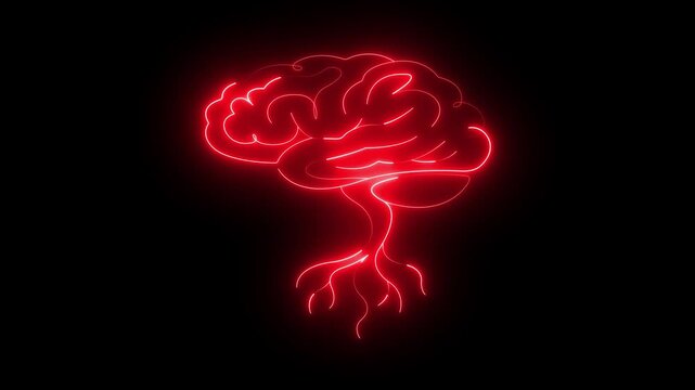 glowing neon brain tree icon isolated on black background. A creative merging the human brain and the form of a tree, symbolizing the growth of knowledge and the connection to nature. 4k video.
