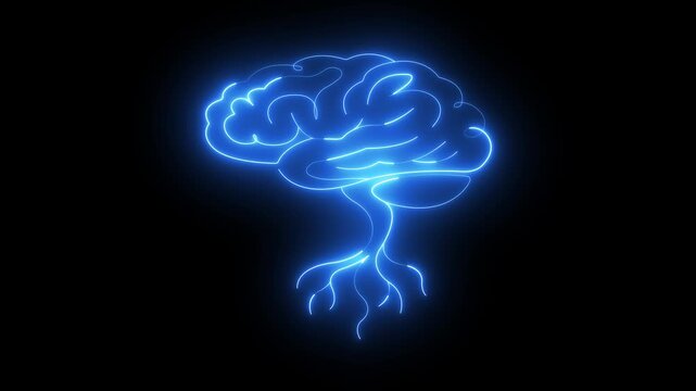 glowing neon brain tree icon isolated on black background. A creative merging the human brain and the form of a tree, symbolizing the growth of knowledge and the connection to nature. 4k video.