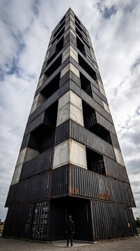 Modern shipping container tower with a person standing underneath  