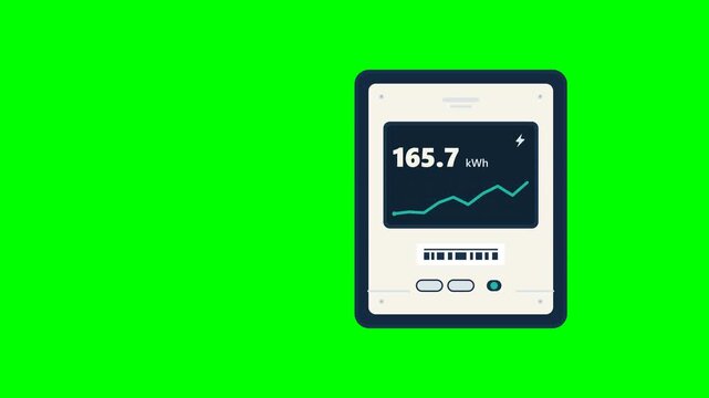 Premium flat 2D vector animation of a smart electricity meter displaying rising energy consumption with a dynamic line graph, digital numbers, and an alert LED. Rendered on a pure solid green screen b