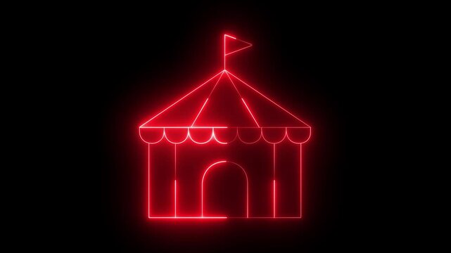 glowing neon Circus tent icon isolated on black background. carnival and entertainment events. 4k video animation.