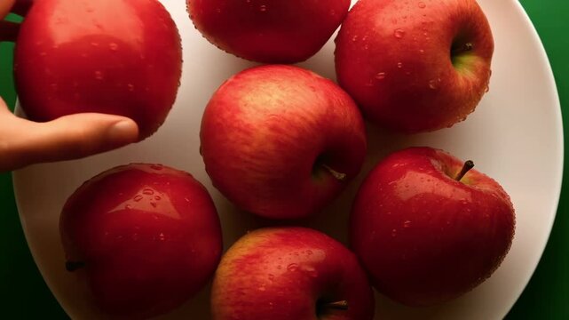 Fresh red apples pile hand picking fruit close up