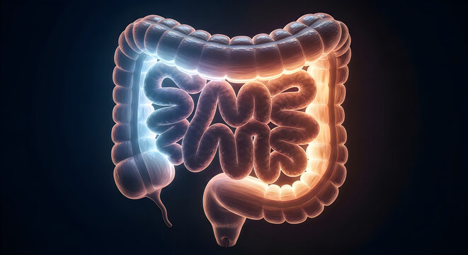 Anatomy of the human digestive system focusing on the small and large intestines.