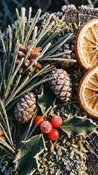 Fresh winter foliage with pine cones and dried orange slices  