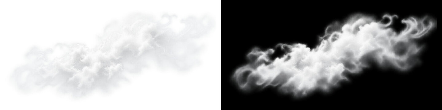 Billowing white cumulus cloud on transparent background. Rolling atmospheric steam vapor mist with soft gaseous volume. Natural foggy weather cloudscape overlay creates sky ambiance.