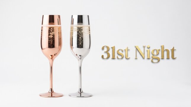 Two elegant champagne flutes one rose gold and one silver standing side by side against a clean white background with 31st night text celebration concept