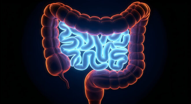 Glowing depiction of the human digestive system with a focus on the gut microbiome