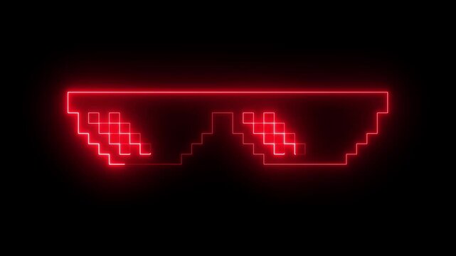 glowing neon Pixel sunglasses icon isolated on black background. Pixel glasses meme, Retro pixel shades, Cool glasses, 8-bit meme accessory, sunglasses meme, pixel art. 4k video animation.
