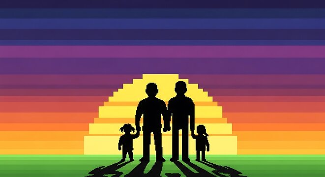 Diverse pixel family silhouette at sunset with colorful striped sky