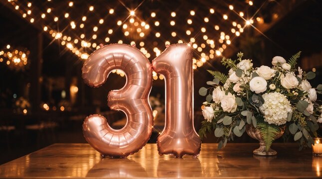 Rose gold foil balloons forming the number thirty one on a wooden table with a beautiful floral arrangement and warm fairy lights in the background