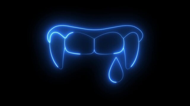 glowing neon vampire fangs with blood drop icon isolated on black background. Halloween Vampire Mouth With Sharp Fang. Halloween graphic element. 4k video animation.