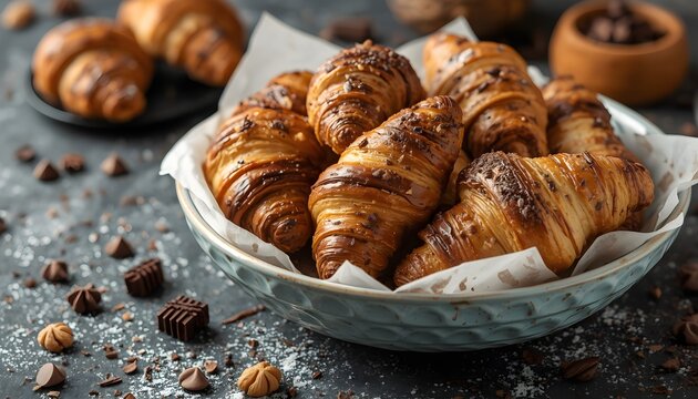 Croissants et pains au chocolat dans une corbeille sur fond blan
