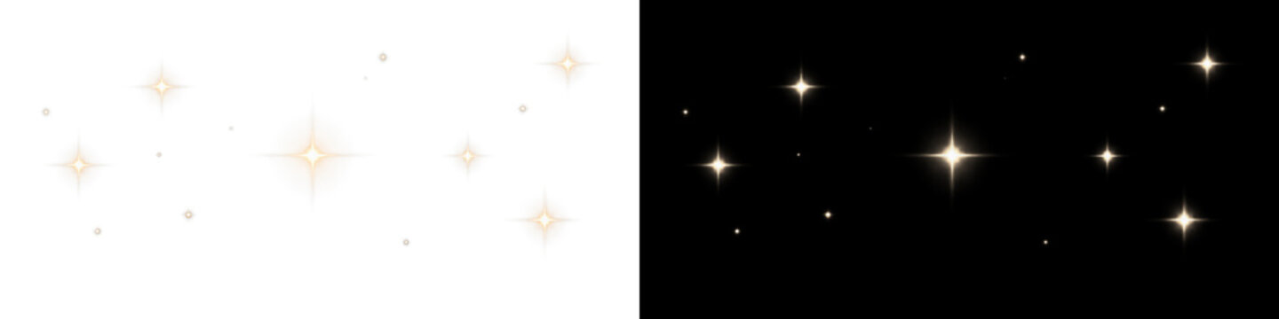 Scattered golden starlight sparkles on transparent background. Brilliant yellow celestial starburst dots in night sky. Warm magical starry sky overlay creates festive celebration ambiance.
