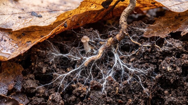 Macro of White Mycelium Threads Spreading Through Forest Soil