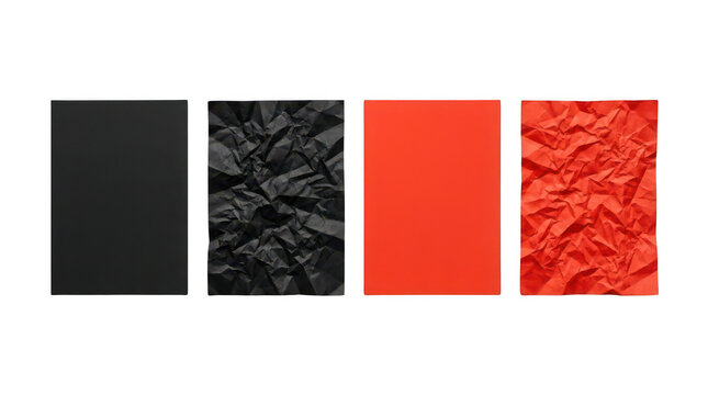Four rectangular pieces of paper, two black and two red, arranged in a row on a transparent background one black and one red paper are smooth, while the other black and red papers are crumpled