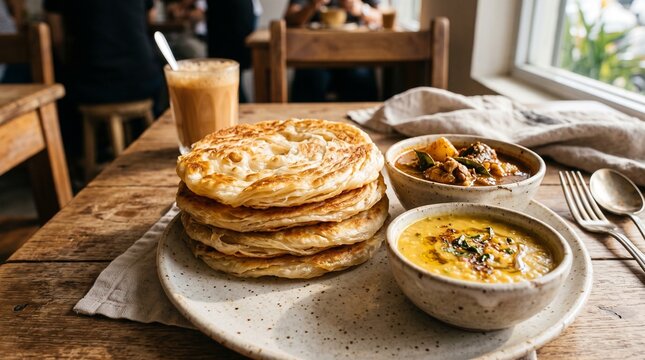 Rotti canai with curries on a wooden table in a restaurant setting, Malaysian Cuisine