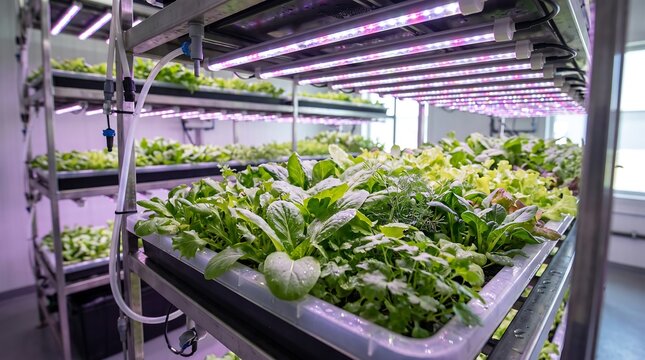 Modern indoor vertical farming facility with lush green vegetables growing under specialized purple led grow lights