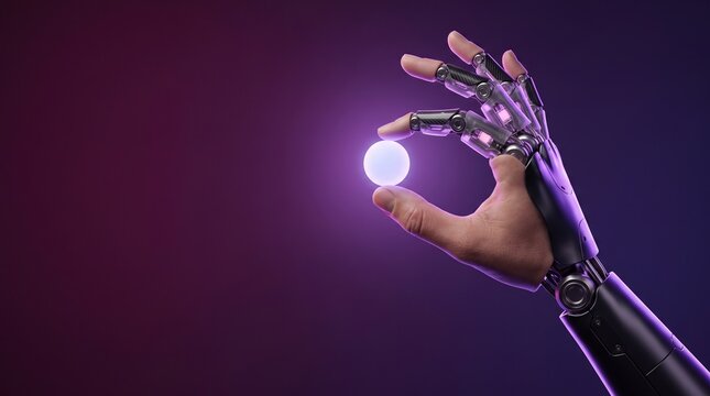 Robotic cybernetic hand holding glowing purple energy orb with intricate mechanical joints against dark studio backdrop