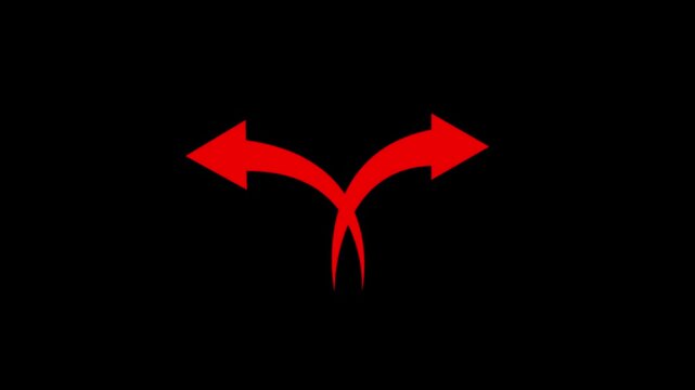 Red split arrows animation: concept of decision making, choice, direction, and strategic planning