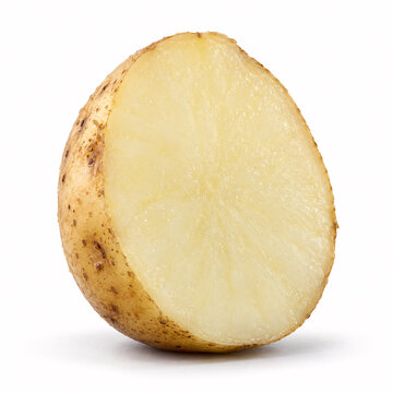 sliced raw potato closeup against white background