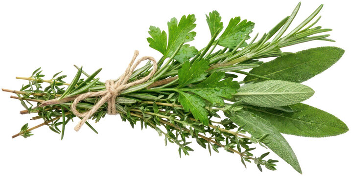 Assorted fresh herb bundle tied with twine.