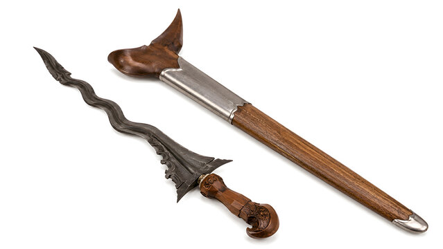 Ornamental Wavy Blade Dagger with Wooden Sheath Isolated on White Background