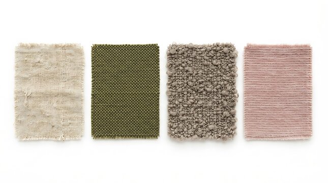Set of four different textured carpet and rug samples in various colors.